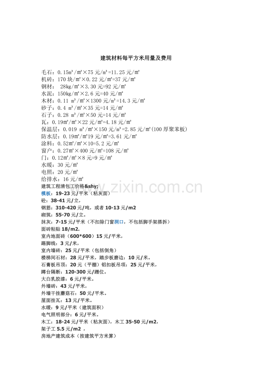 -建筑材料每平方米用量及费用.doc_第2页
