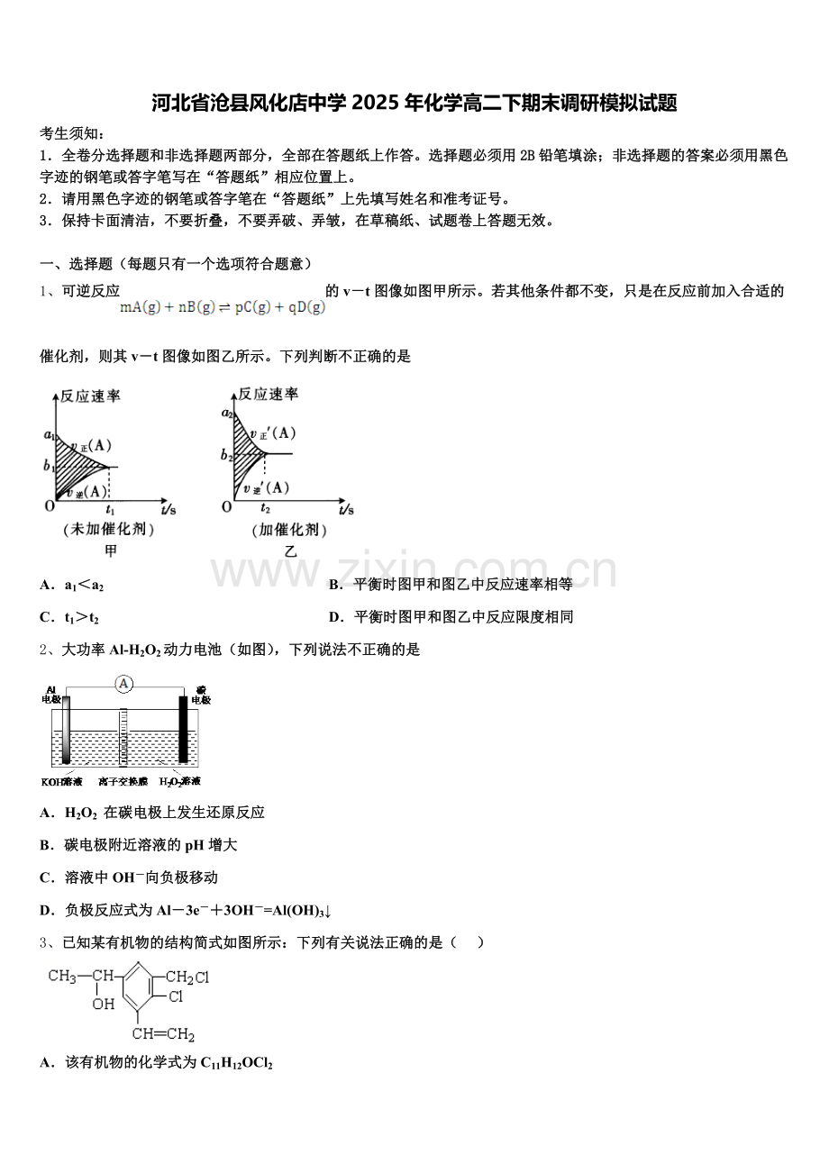 河北省沧县风化店中学2025年化学高二下期末调研模拟试题含解析.doc_第1页