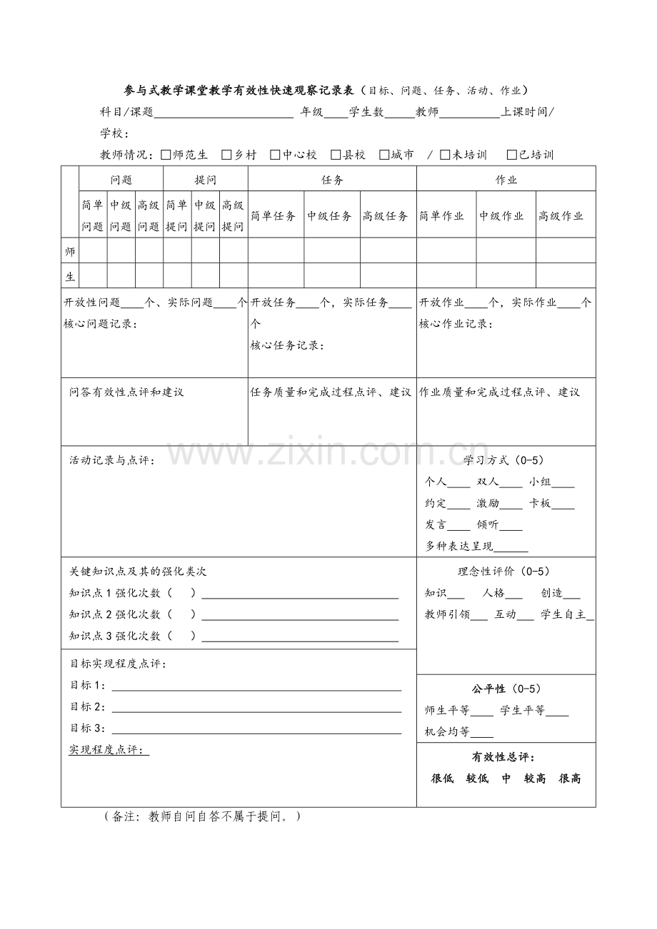 参与式教学课堂教学有效性快速观察记录表(王文蓉).doc_第1页