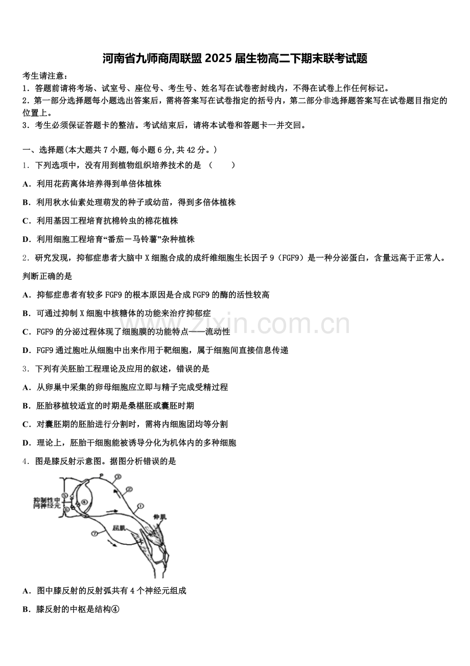 河南省九师商周联盟2025届生物高二下期末联考试题含解析.doc_第1页