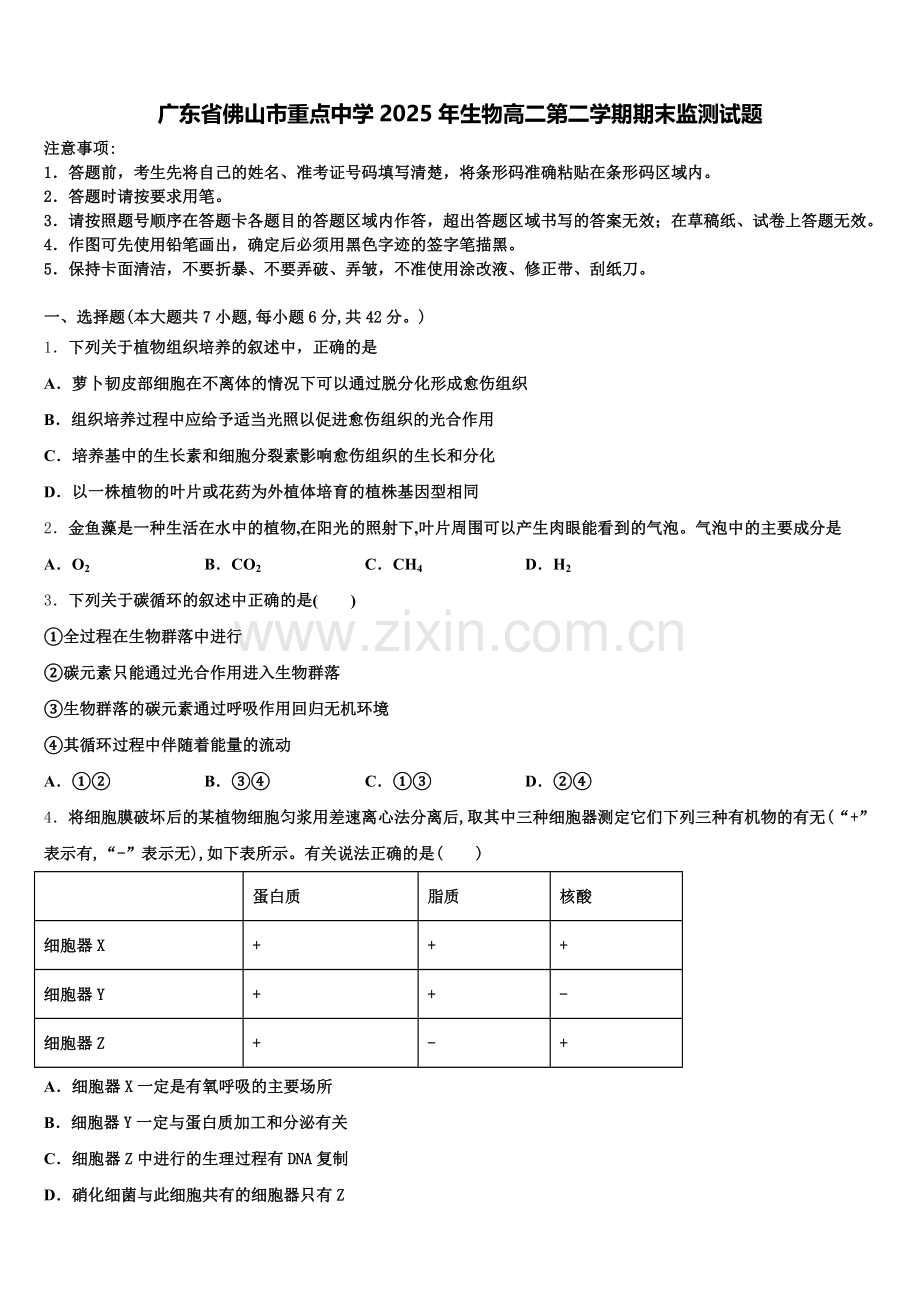 广东省佛山市重点中学2025年生物高二第二学期期末监测试题含解析.doc_第1页