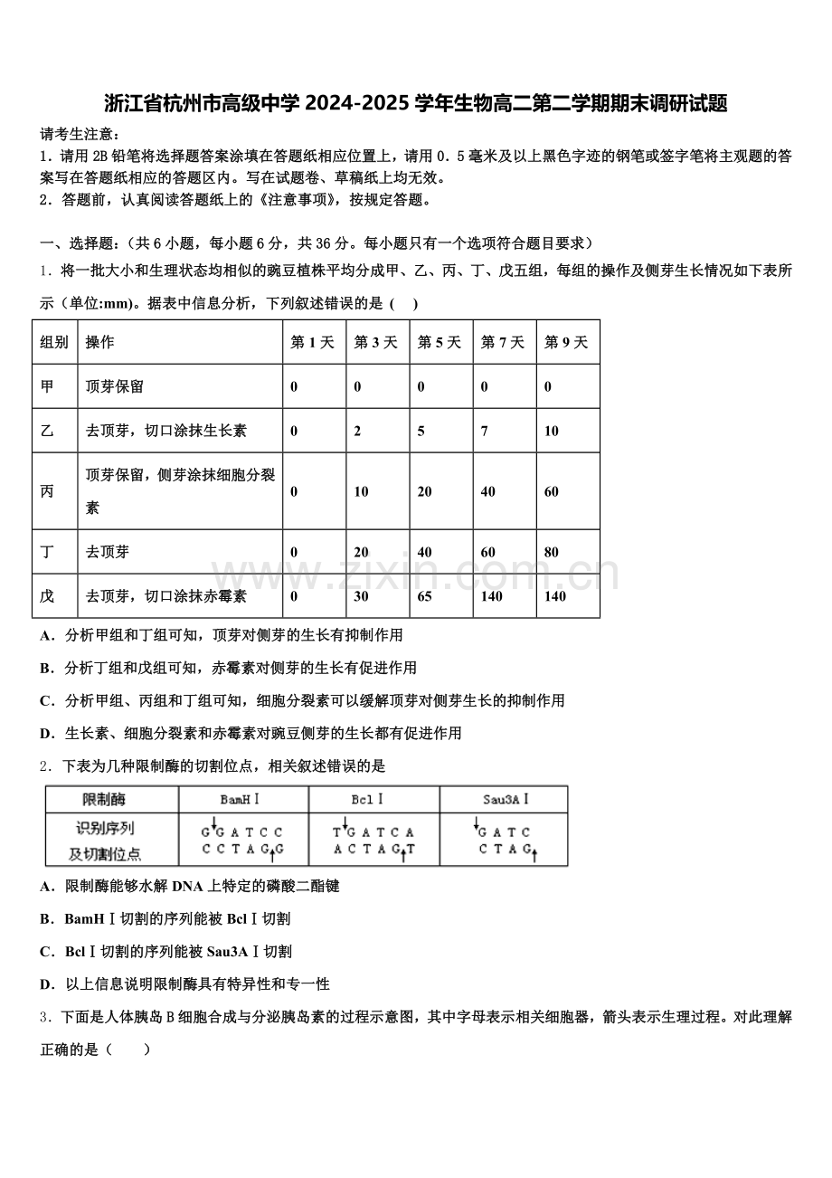 浙江省杭州市高级中学2024-2025学年生物高二第二学期期末调研试题含解析.doc_第1页