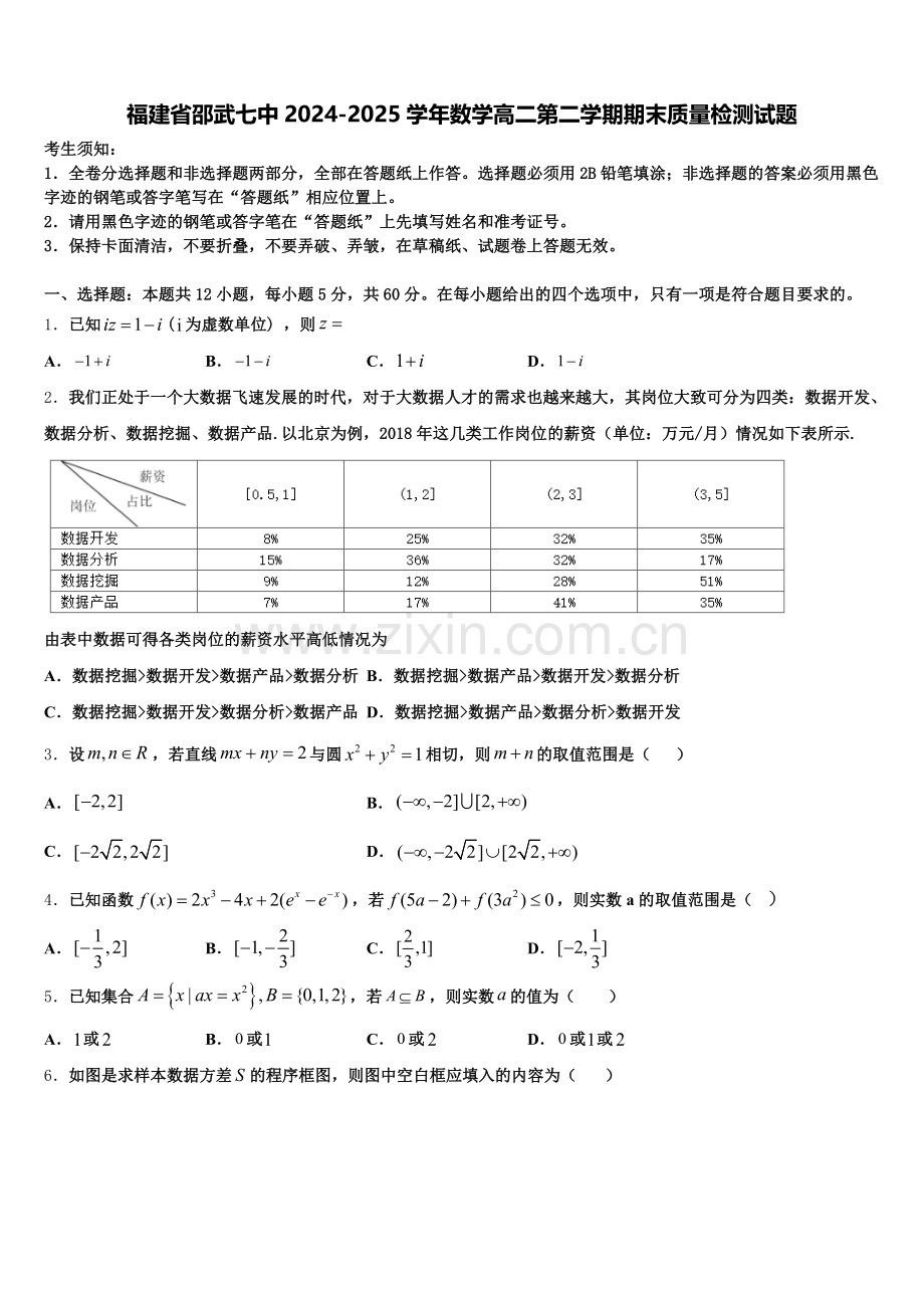 福建省邵武七中2024-2025学年数学高二第二学期期末质量检测试题含解析.doc_第1页
