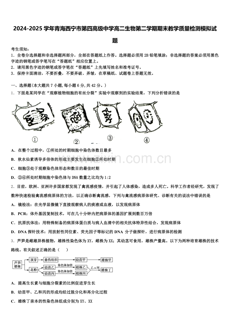 2024-2025学年青海西宁市第四高级中学高二生物第二学期期末教学质量检测模拟试题含解析.doc_第1页