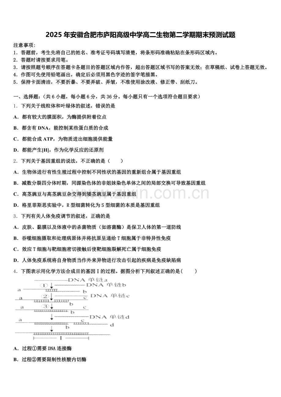 2025年安徽合肥市庐阳高级中学高二生物第二学期期末预测试题含解析.doc_第1页