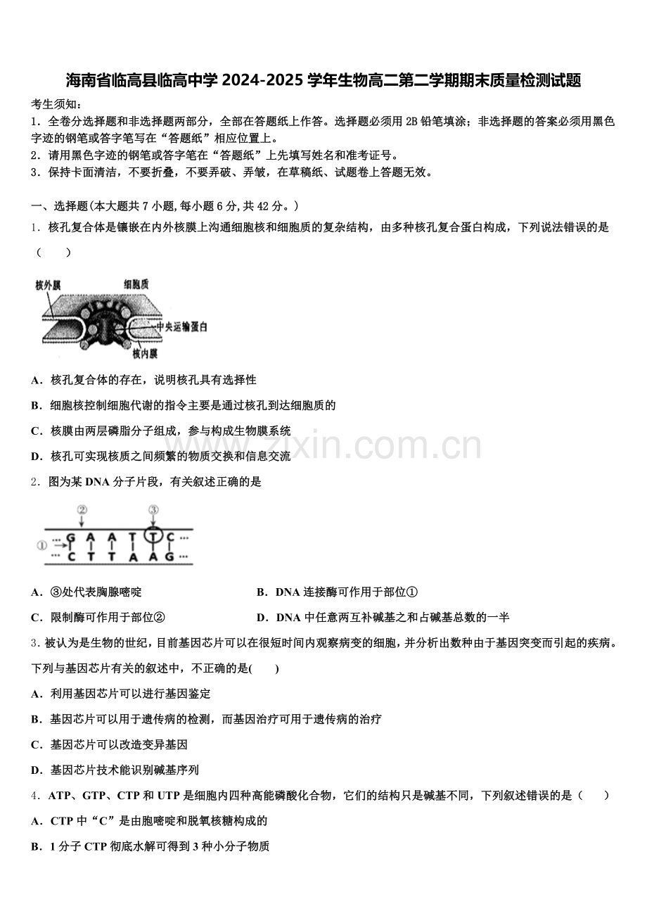 海南省临高县临高中学2024-2025学年生物高二第二学期期末质量检测试题含解析.doc_第1页