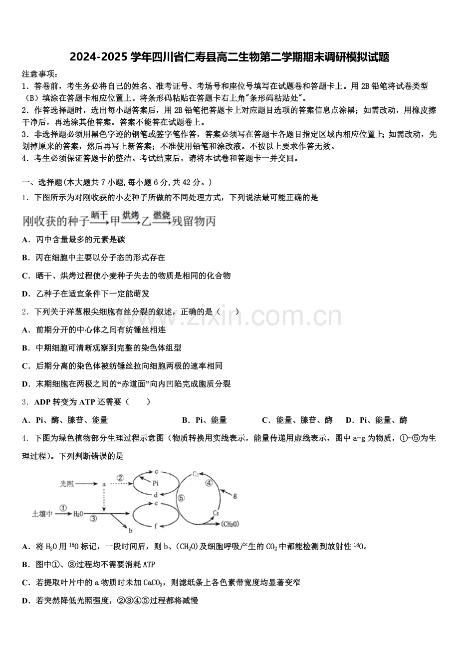 2024-2025学年四川省仁寿县高二生物第二学期期末调研模拟试题含解析.doc_第1页
