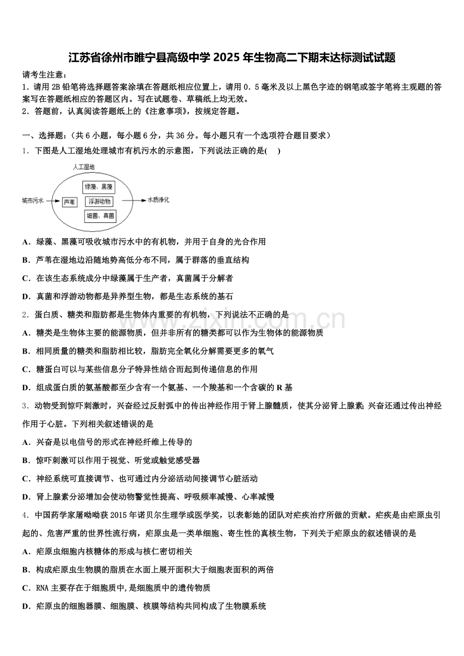江苏省徐州市睢宁县高级中学2025年生物高二下期末达标测试试题含解析.doc_第1页