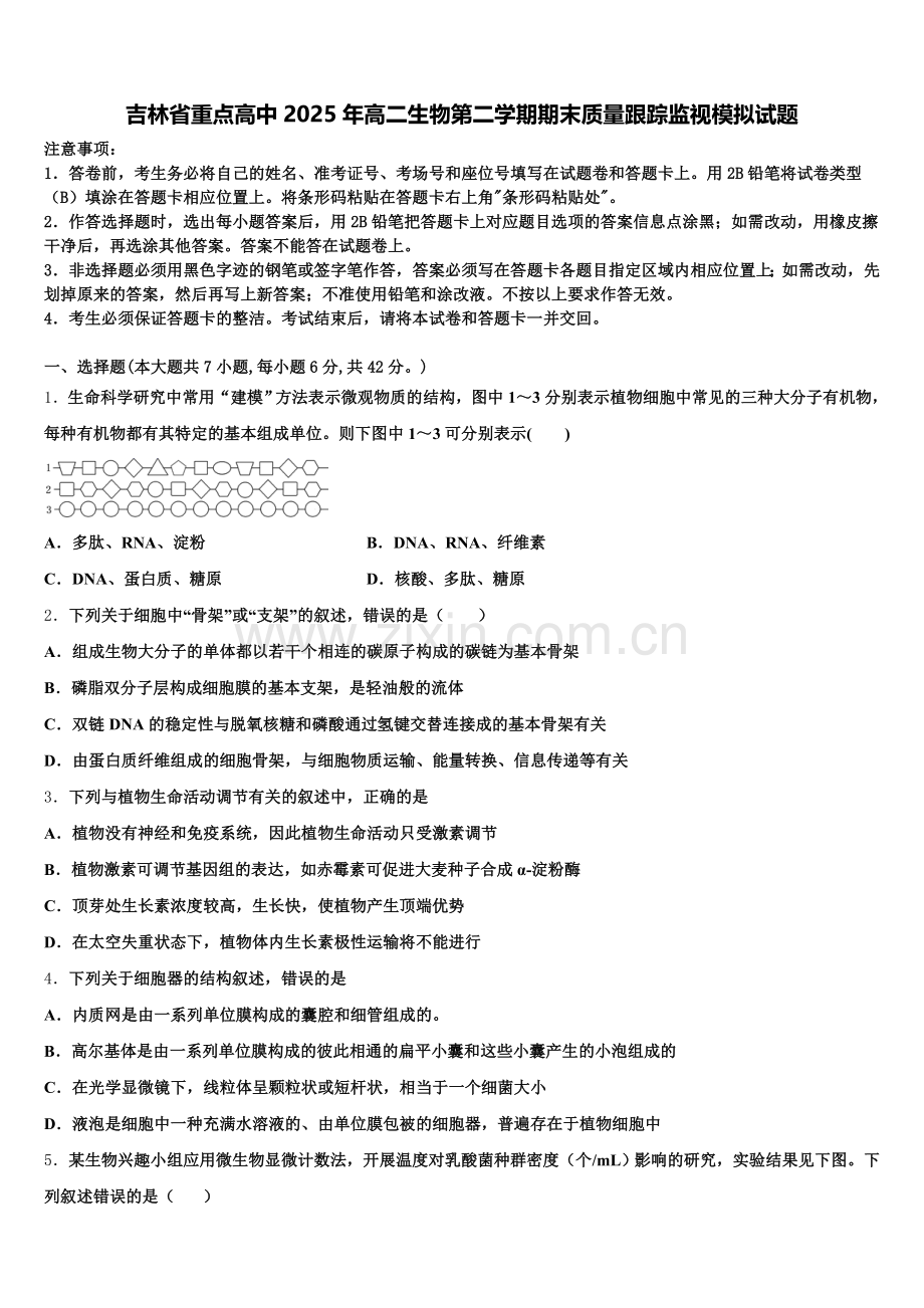 吉林省重点高中2025年高二生物第二学期期末质量跟踪监视模拟试题含解析.doc_第1页