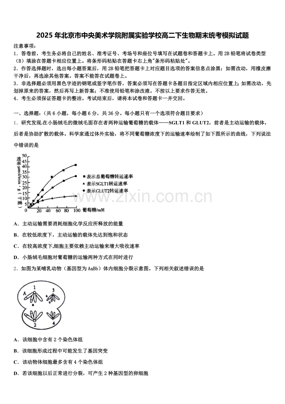 2025年北京市中央美术学院附属实验学校高二下生物期末统考模拟试题含解析.doc_第1页