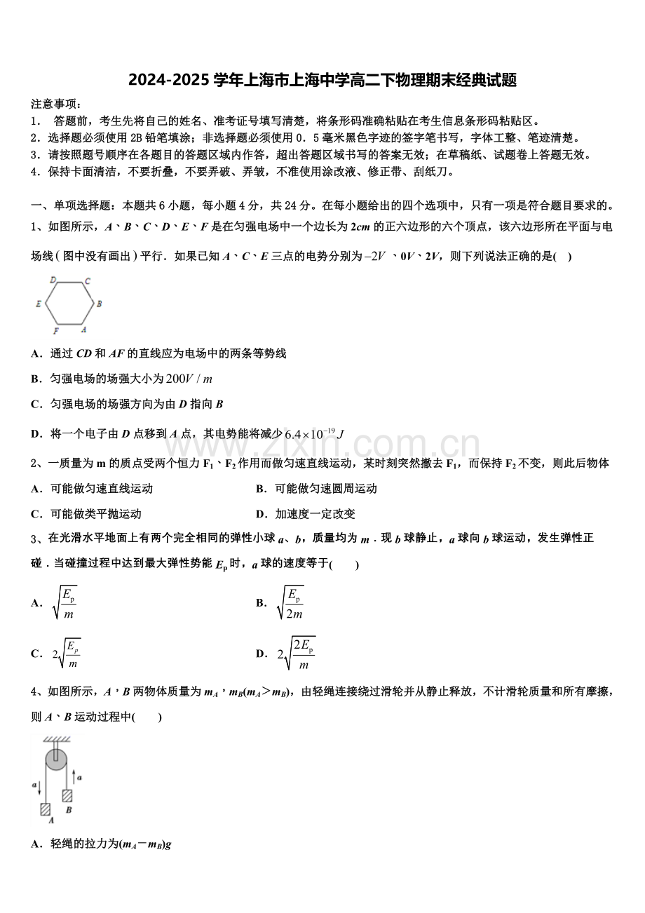 2024-2025学年上海市上海中学高二下物理期末经典试题含解析.doc_第1页