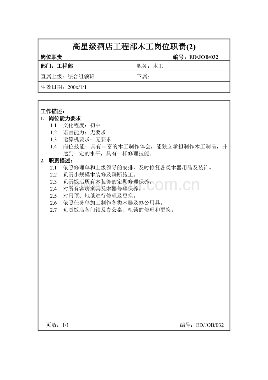 高星级酒店工程部木工岗位职责(2).doc_第1页