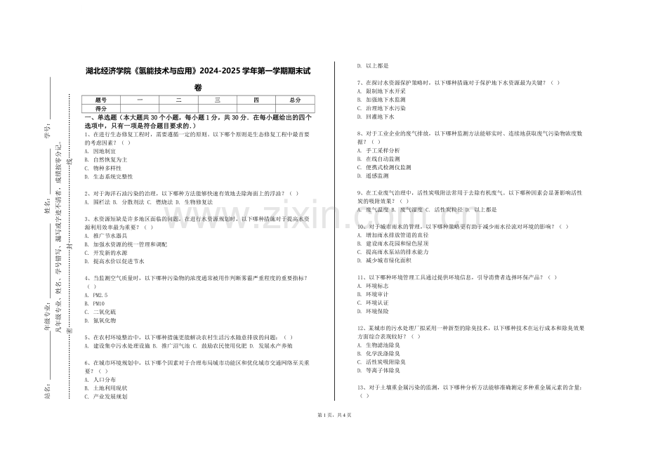 湖北经济学院《氢能技术与应用》2024-2025学年第一学期期末试卷.doc_第1页