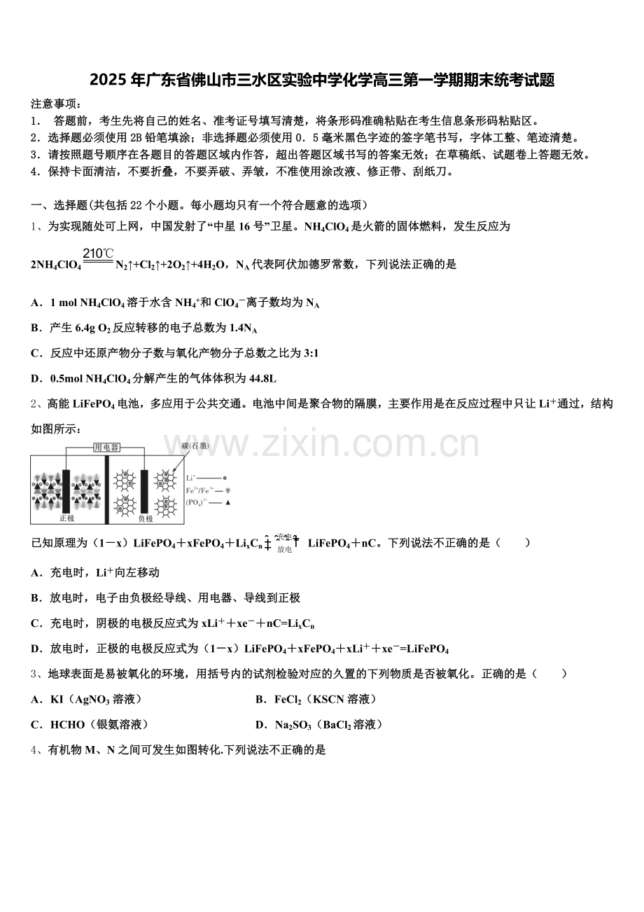 2025年广东省佛山市三水区实验中学化学高三第一学期期末统考试题.doc_第1页