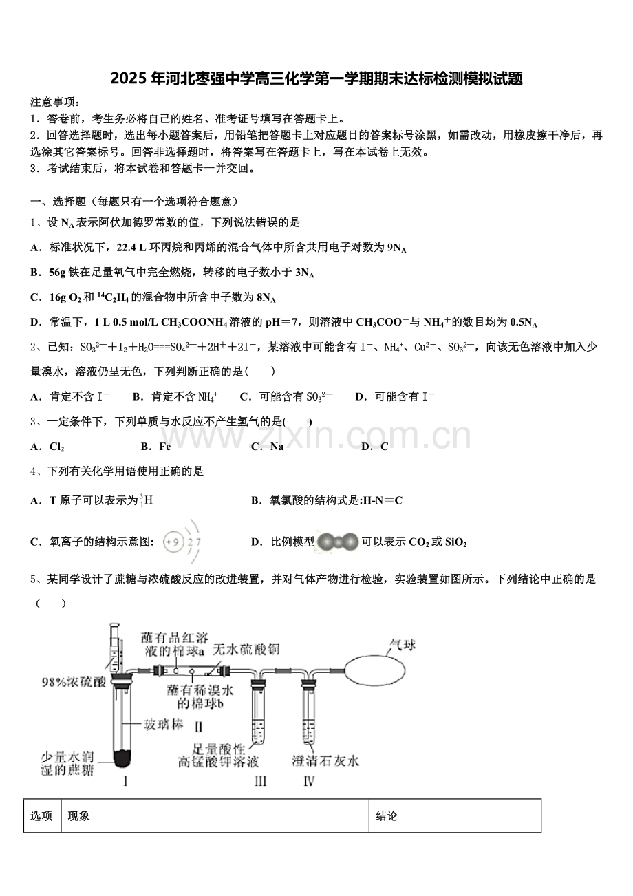 2025年河北枣强中学高三化学第一学期期末达标检测模拟试题.doc_第1页