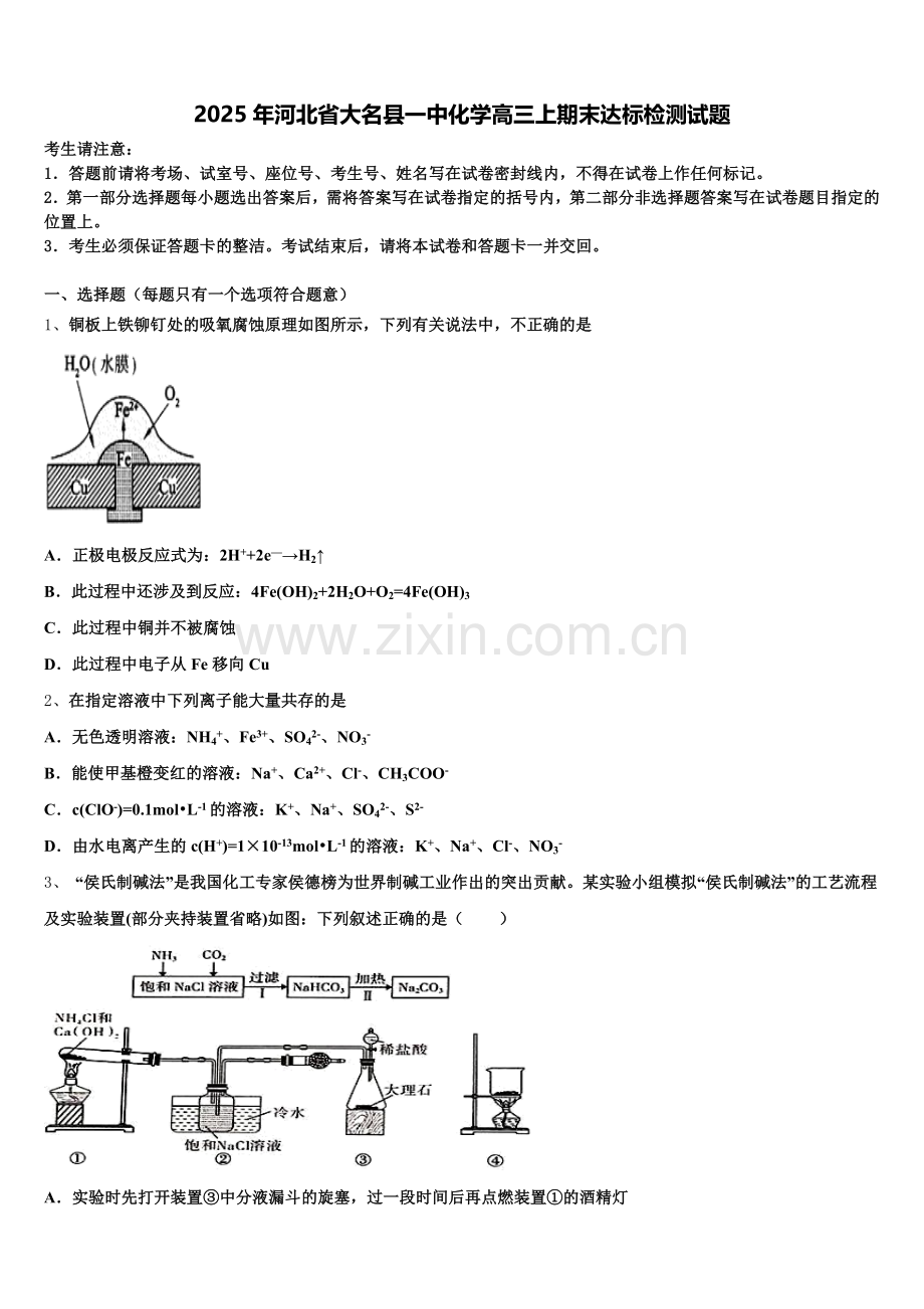 2025年河北省大名县一中化学高三上期末达标检测试题.doc_第1页