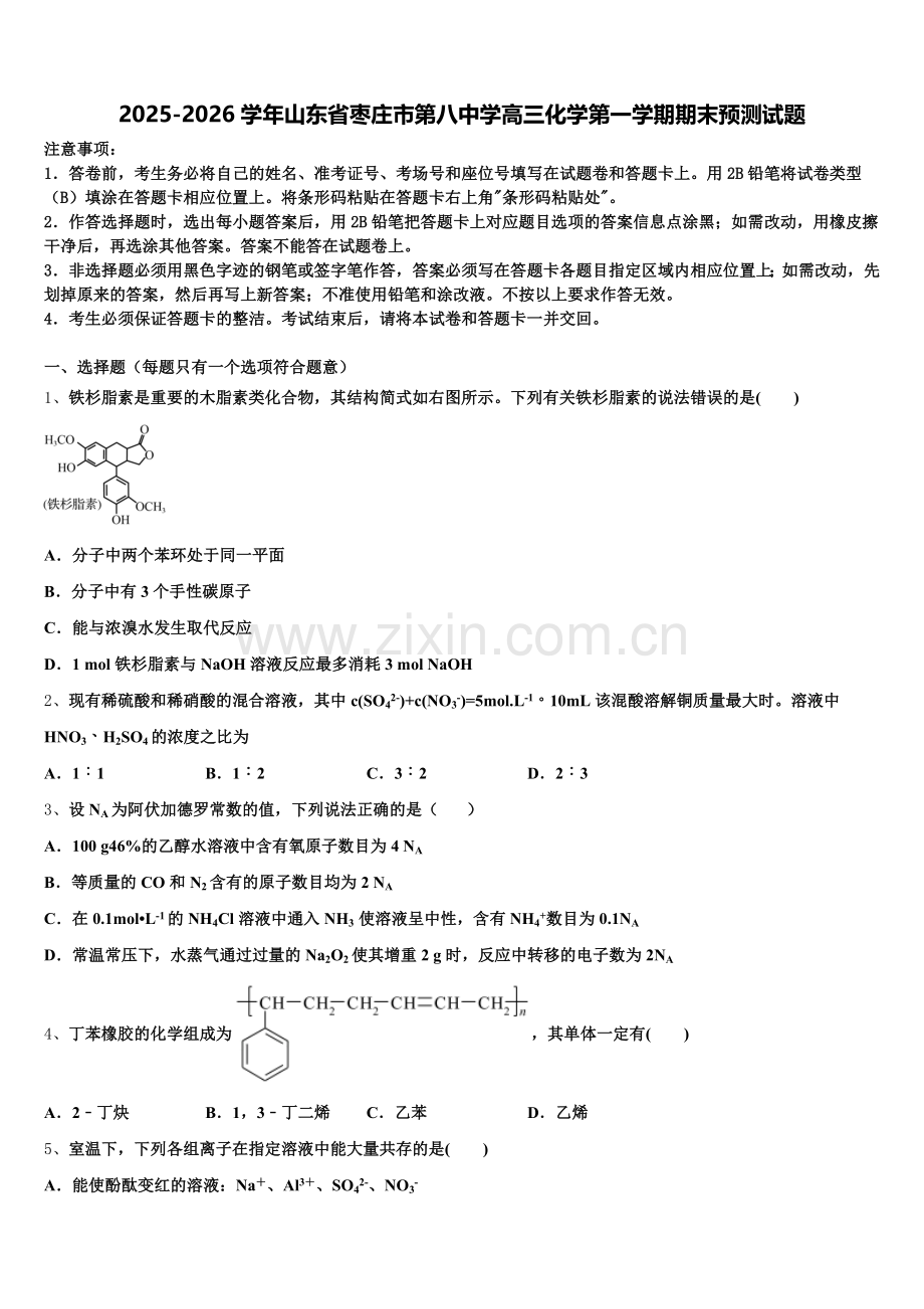 2025-2026学年山东省枣庄市第八中学高三化学第一学期期末预测试题.doc_第1页