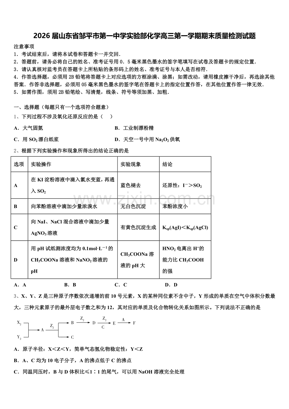 2026届山东省邹平市第一中学实验部化学高三第一学期期末质量检测试题.doc_第1页