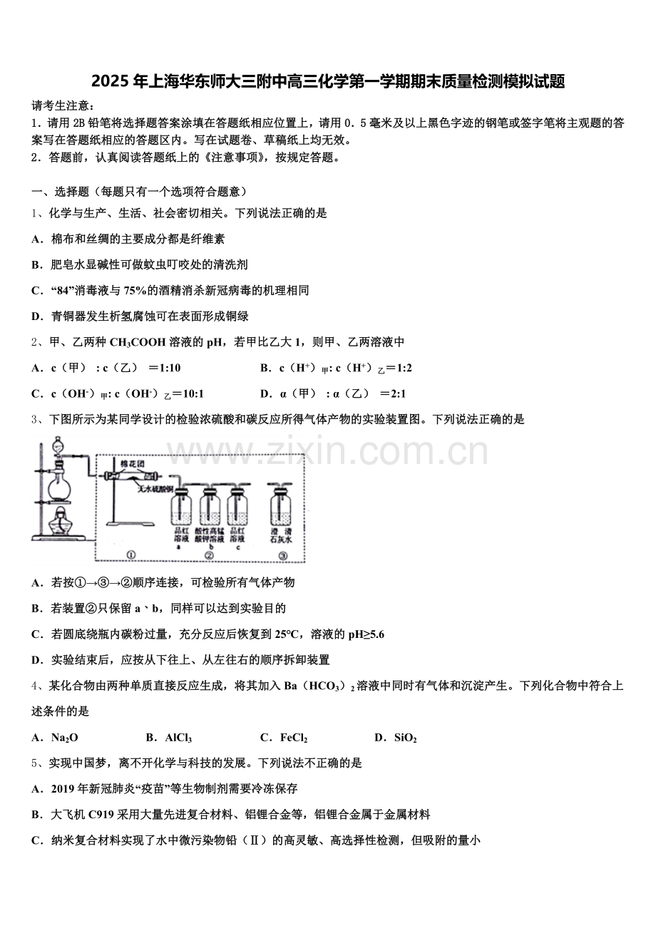 2025年上海华东师大三附中高三化学第一学期期末质量检测模拟试题.doc_第1页