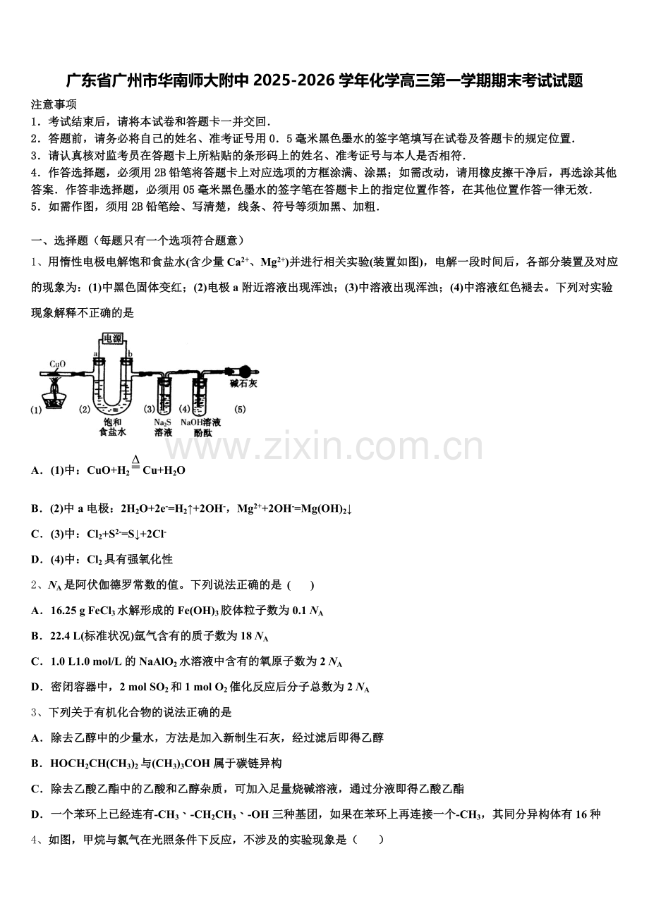 广东省广州市华南师大附中2025-2026学年化学高三第一学期期末考试试题.doc_第1页