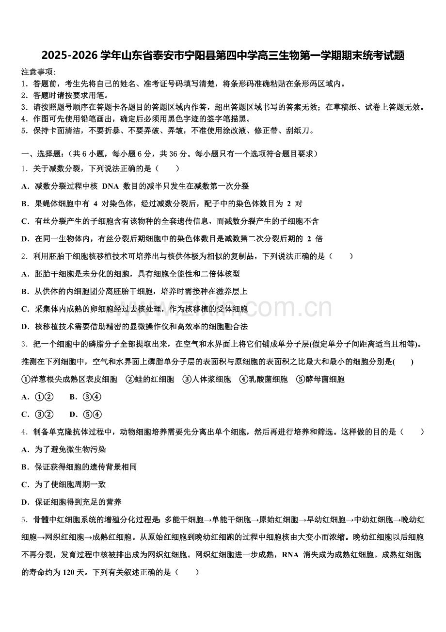 2025-2026学年山东省泰安市宁阳县第四中学高三生物第一学期期末统考试题.doc_第1页