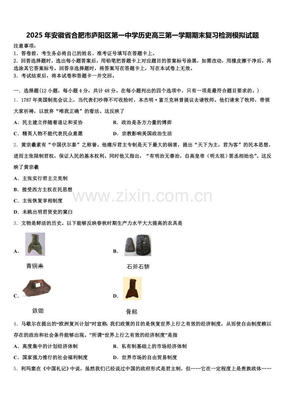 2025年安徽省合肥市庐阳区第一中学历史高三第一学期期末复习检测模拟试题.doc_第1页