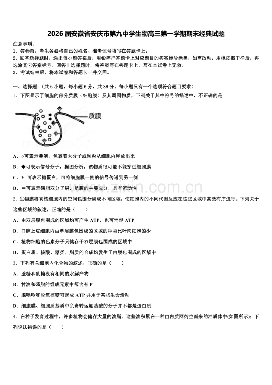 2026届安徽省安庆市第九中学生物高三第一学期期末经典试题.doc_第1页