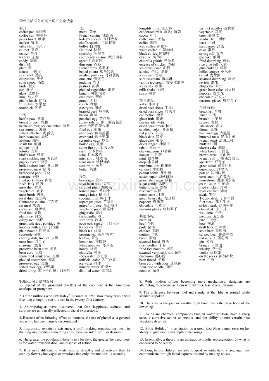 国外生活必备的英文词汇-TOEFL句子结构百句.doc_第1页