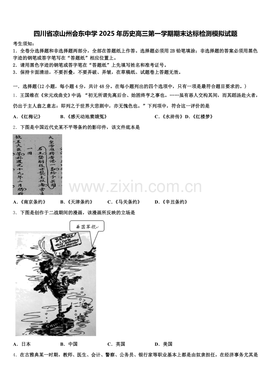 四川省凉山州会东中学2025年历史高三第一学期期末达标检测模拟试题.doc_第1页