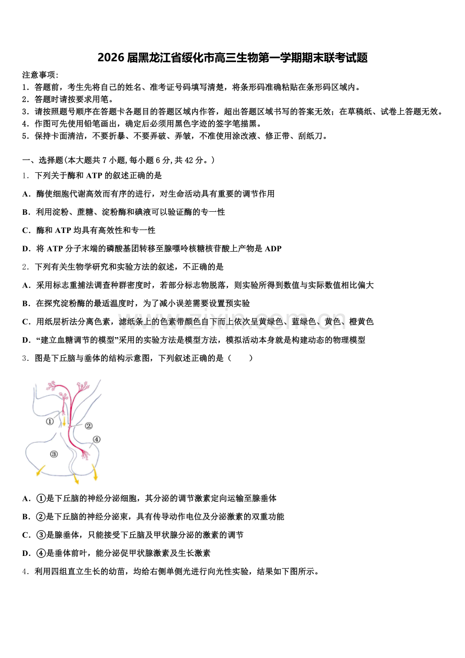 2026届黑龙江省绥化市高三生物第一学期期末联考试题.doc_第1页