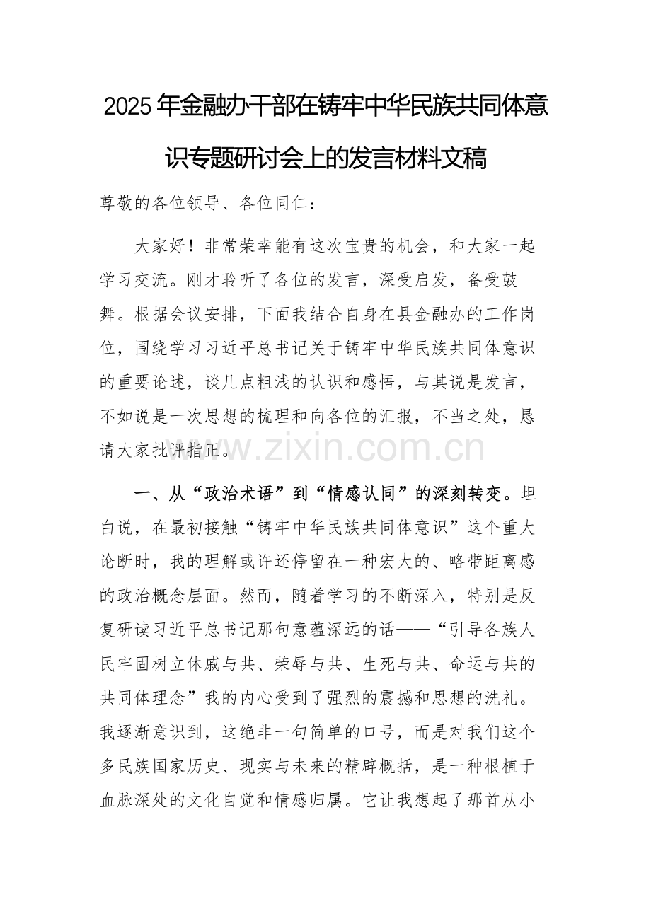 2025年金融办干部在铸牢中华民族共同体意识专题研讨会上的发言材料文稿.docx_第1页