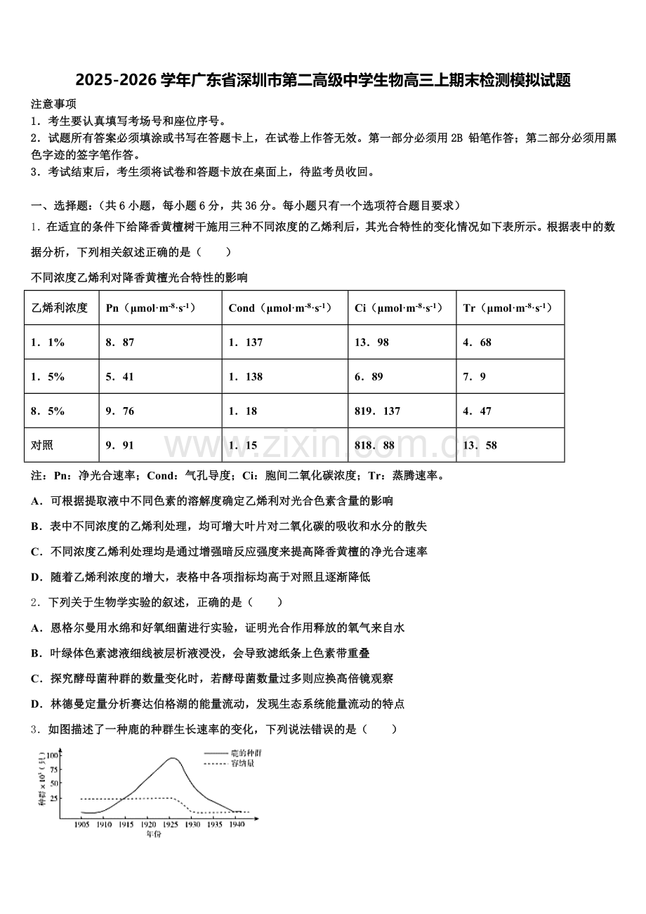 2025-2026学年广东省深圳市第二高级中学生物高三上期末检测模拟试题.doc_第1页