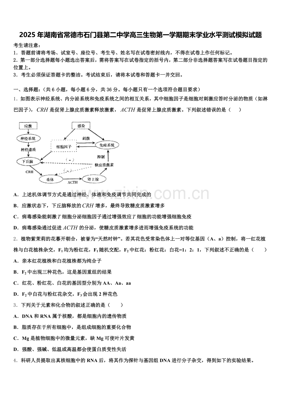 2025年湖南省常德市石门县第二中学高三生物第一学期期末学业水平测试模拟试题.doc_第1页