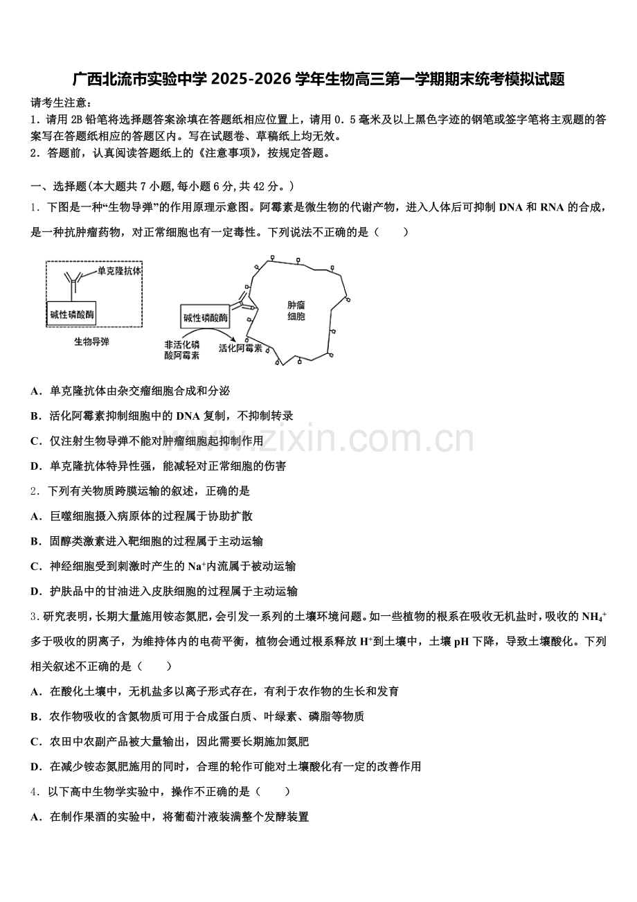 广西北流市实验中学2025-2026学年生物高三第一学期期末统考模拟试题.doc_第1页
