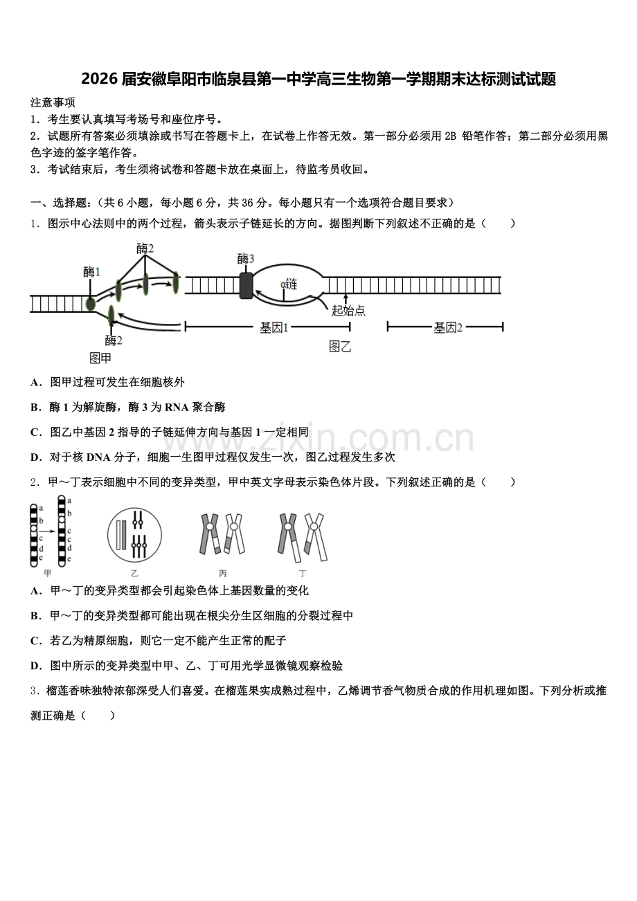 2026届安徽阜阳市临泉县第一中学高三生物第一学期期末达标测试试题.doc_第1页
