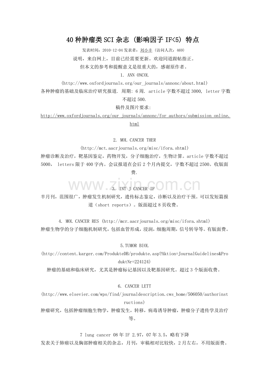 40种肿瘤类SCI杂志-影响因子IF小于5-特点.doc_第1页