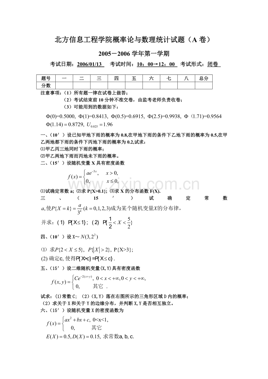 西安工业大学北方信息工程学院概率论与数理统计试题及答案.doc_第1页
