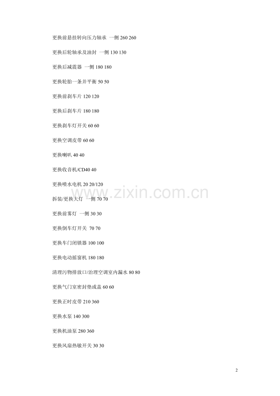 上海大众桑塔纳常规维修保养工时费表.doc_第2页
