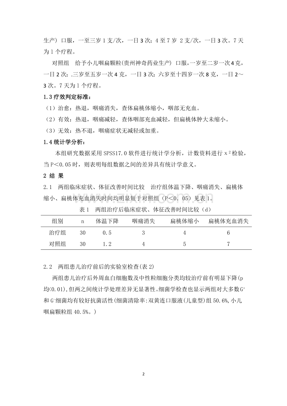 双黄连口服液(儿童型)治疗外感引起的儿童扁桃体炎疗效观察.docx_第2页