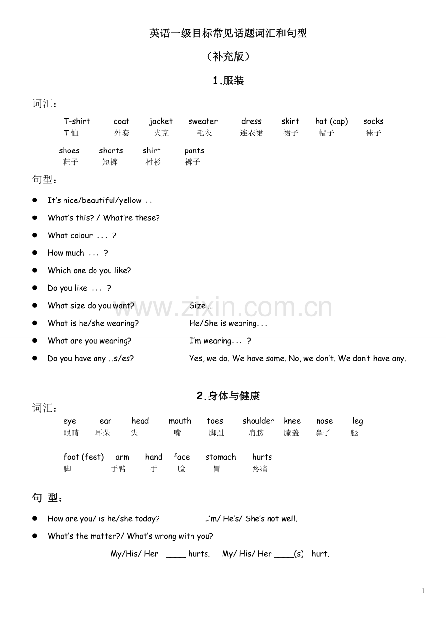 一级目标话题词汇汇总(补充版).doc_第1页