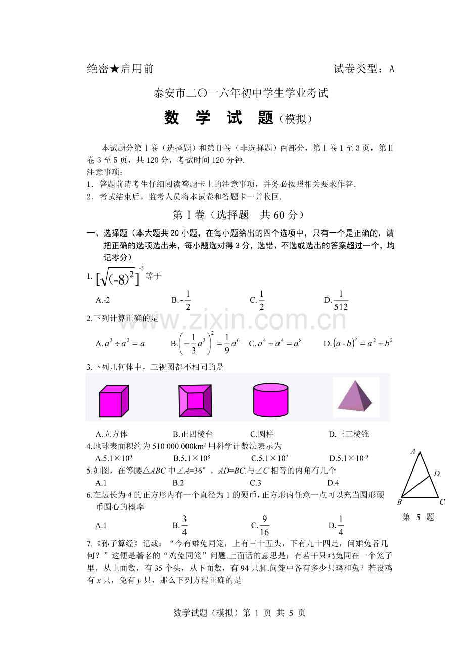 泰安市二〇一六年初中学业水平模拟-数学试题.doc_第1页
