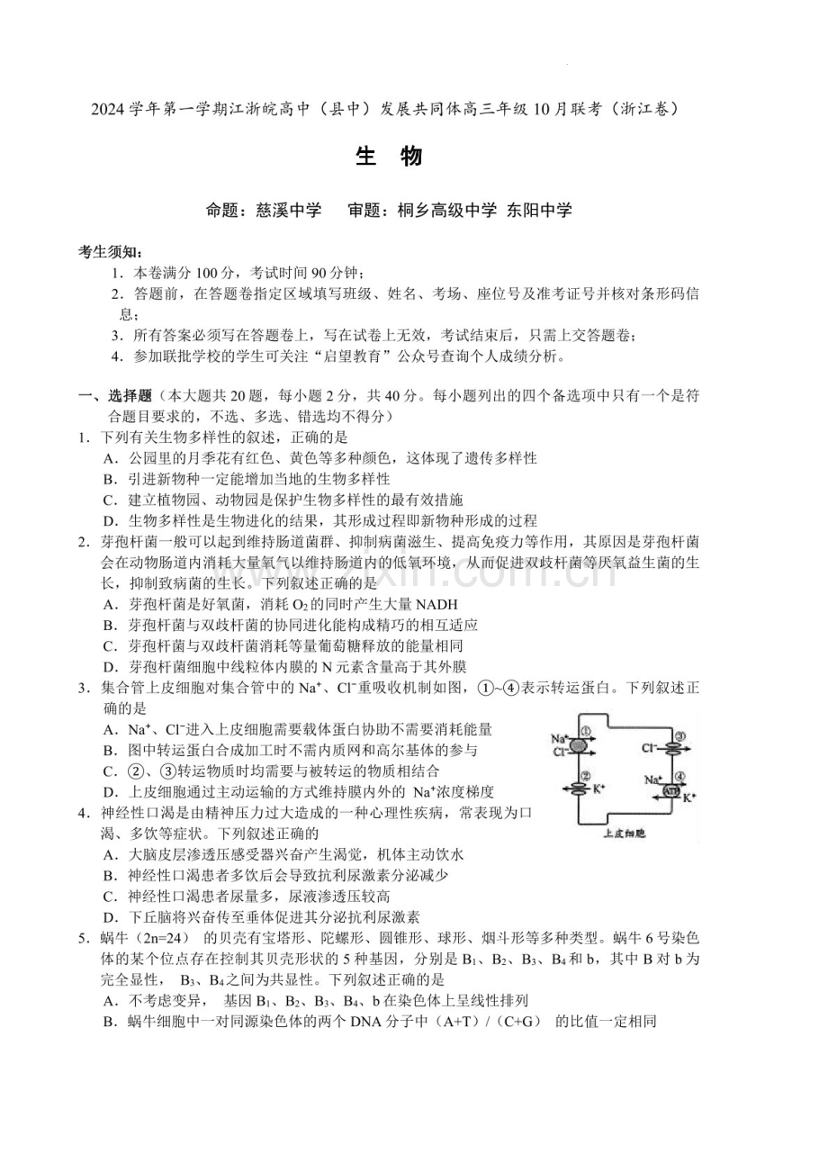 2025届江浙皖高中县中发展共同体高三下学期10月联考试-生物试题（含答案）.docx_第1页