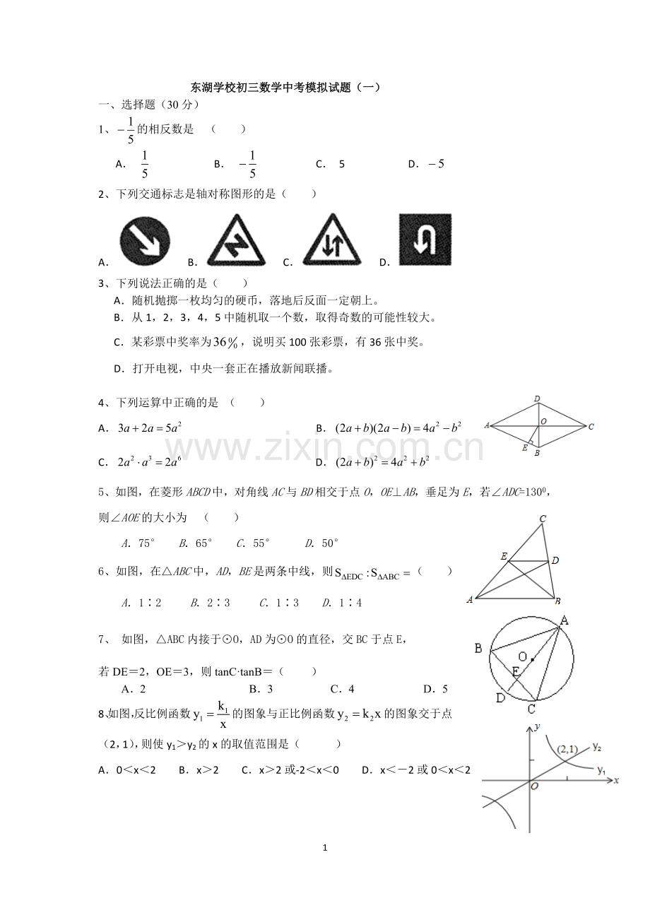 东湖学校初三数学中考模拟试题.doc_第1页