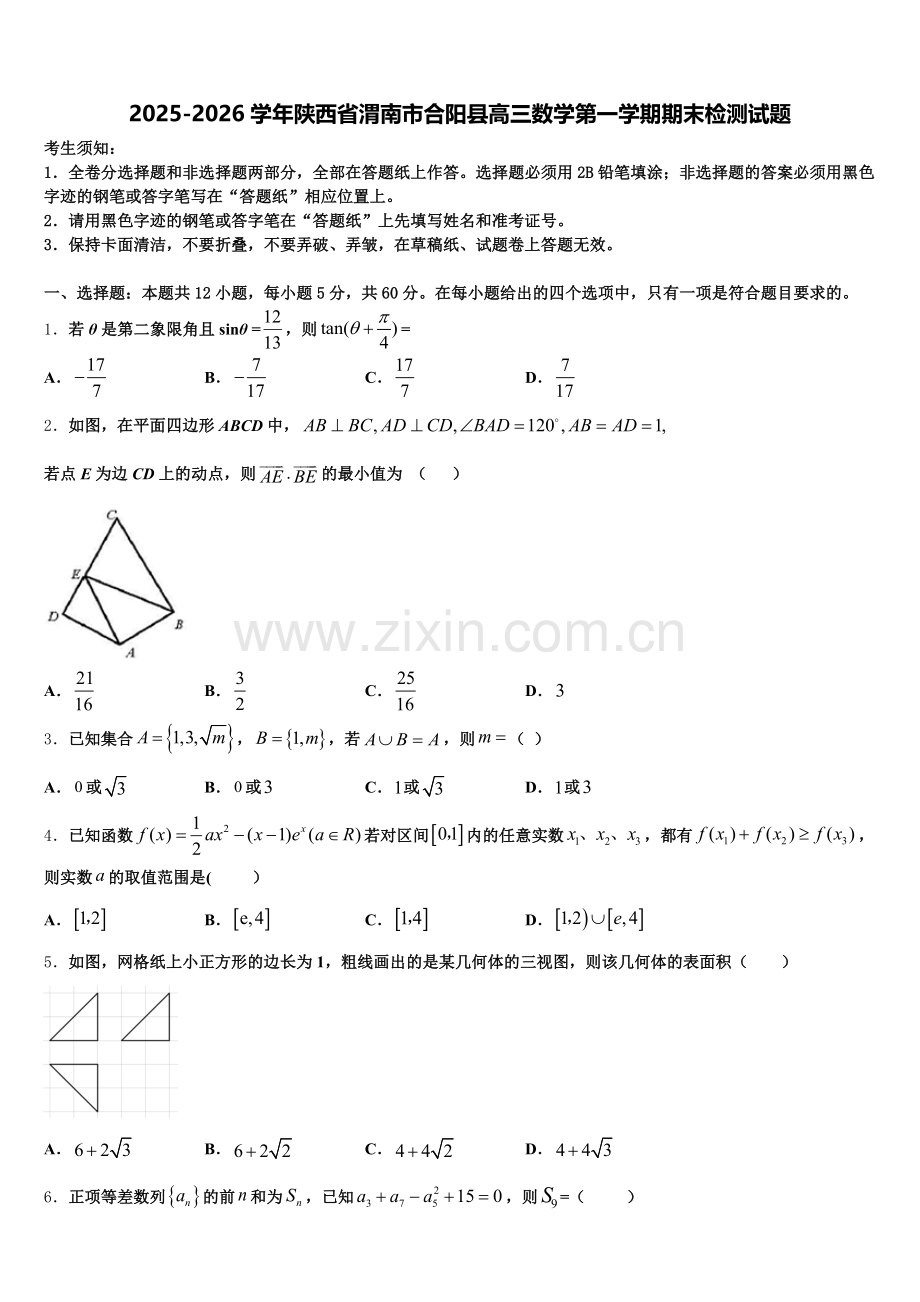 2025-2026学年陕西省渭南市合阳县高三数学第一学期期末检测试题.doc_第1页