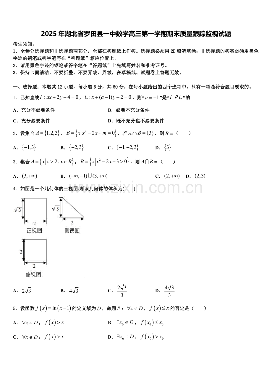2025年湖北省罗田县一中数学高三第一学期期末质量跟踪监视试题.doc_第1页