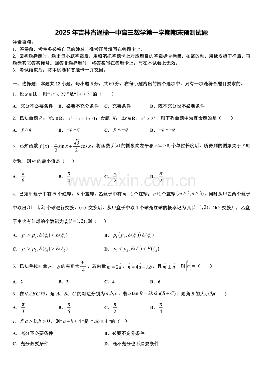 2025年吉林省通榆一中高三数学第一学期期末预测试题.doc_第1页