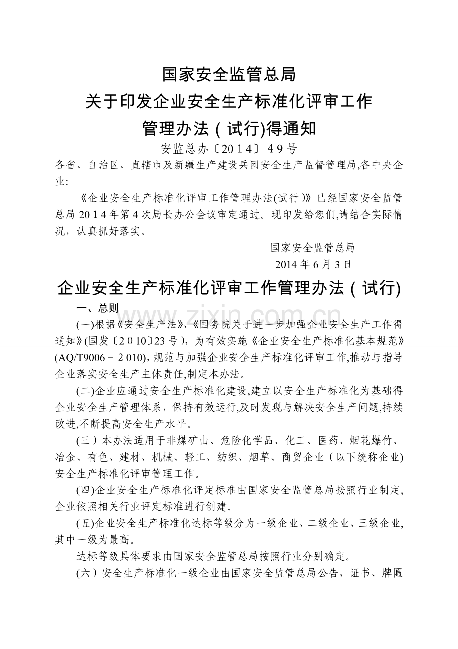 企业安全生产标准化评审工作管理办法(试行).doc_第1页