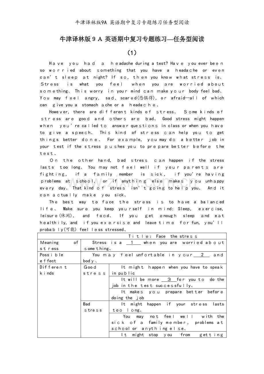 牛津译林版9A 英语期中复习专题练习任务型阅读.doc_第1页