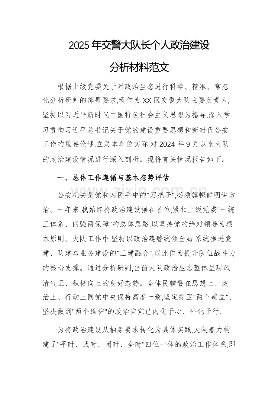 2025年交警大队长个人政治建设分析材料范文.docx_第1页