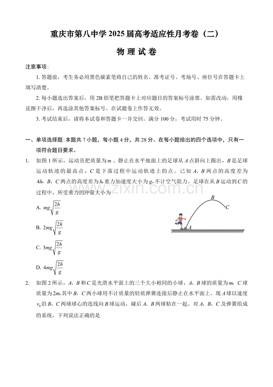 2025届重庆市第八中学高三下学期适应性月考卷-物理试题（含答案）.docx_第1页